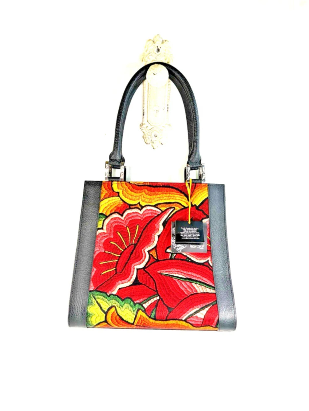 Pineda Covalin Leather Hand Bag Yaab Silk Embroidered Purse New